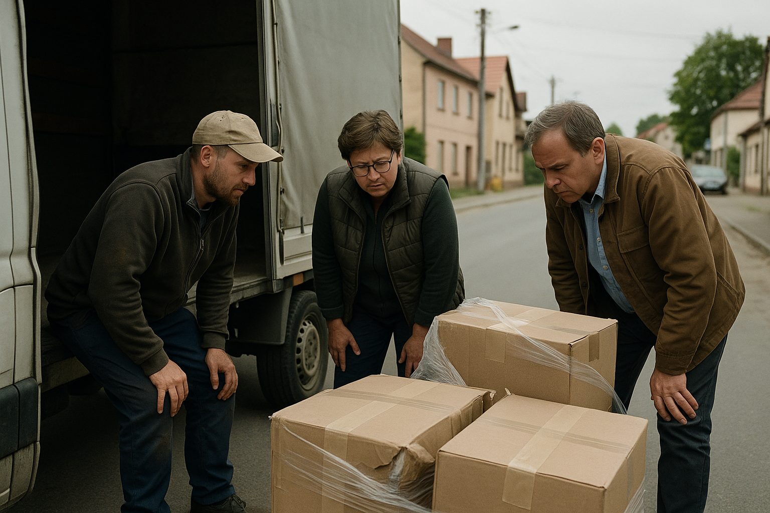 Właściciele firmy i kierowca oceniają uszkodzenie ładunku po transporcie