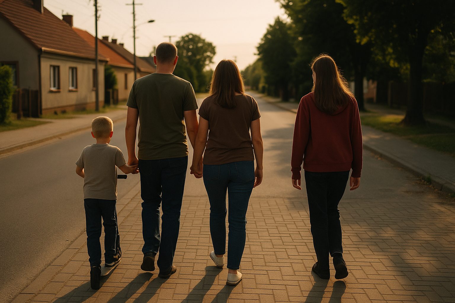 Ubezpieczenie na życie Wieluń — rodzina na spacerze ulicą małego miasta