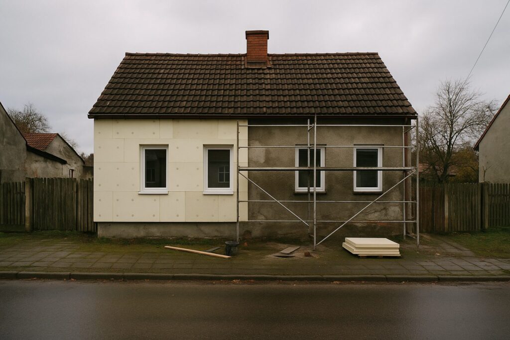 Ubezpieczenie domu po remoncie — dom jednorodzinny w trakcie termomodernizacji, połowa elewacji pokryta płytami izolacji