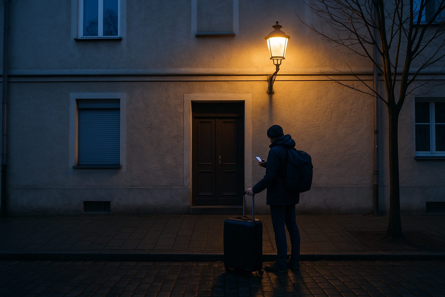 Oszustwa przy rezerwacji noclegu — podróżny z walizką przed zamkniętymi drzwiami budynku o zmierzchu