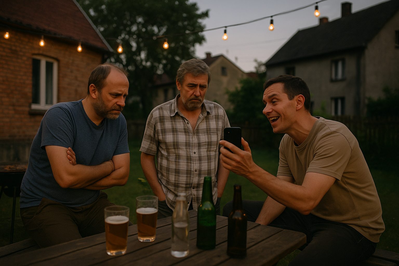 Mężczyzna z entuzjazmem pokazuje znajomym telefon przy grillu, oni patrzą z rezerwą — zachęta do wciągania znajomych to sygnał oszustwa inwestycyjnego
