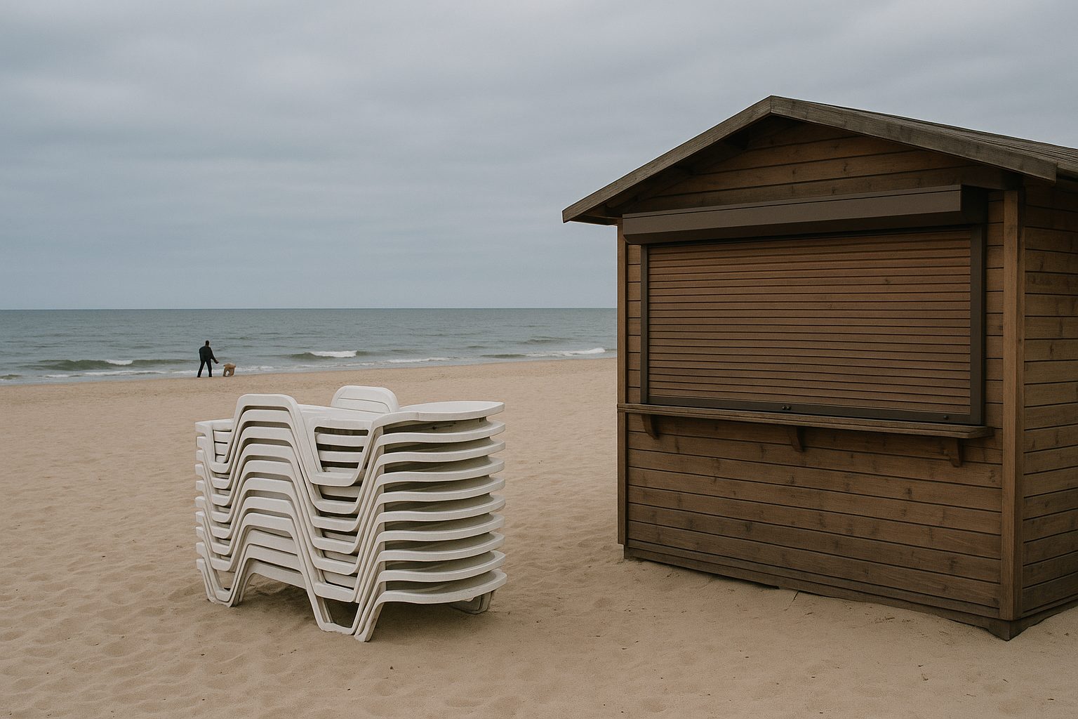 Zamknięty bar i złożone leżaki na pustej plaży we wrześniu — sezon się skończył, raty za wakacje na kredyt zostają