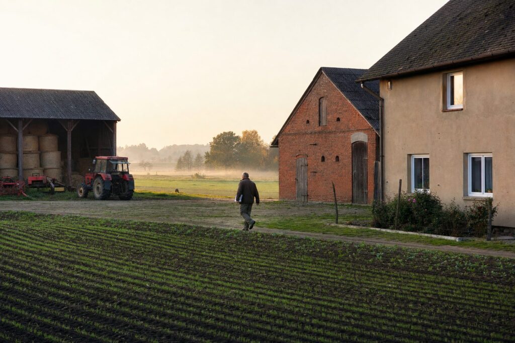 Ubezpieczenia rolne Wieluń — gospodarstwo z murowaną stodołą i polem ozimin jesienią
