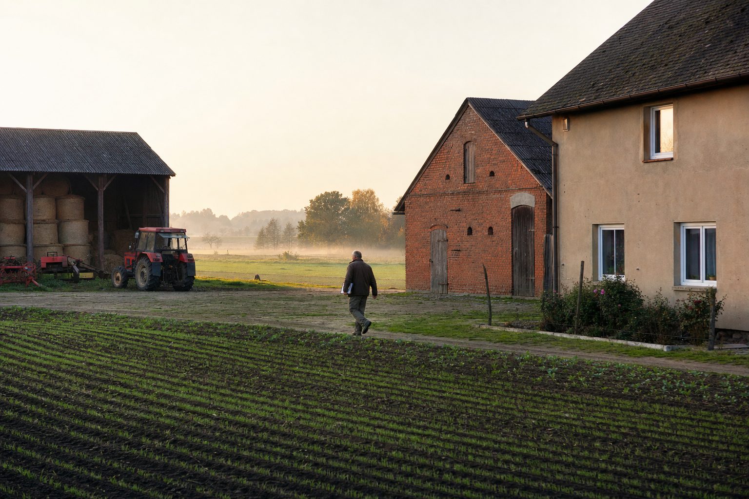 Ubezpieczenia rolne Wieluń — gospodarstwo z murowaną stodołą i polem ozimin jesienią
